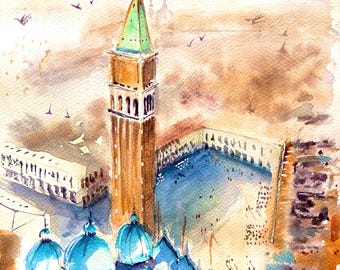 May include: Watercolor painting of Venice, Italy, featuring the Campanile of St Mark's Square and the domes of St Mark's Basilica. The artwork uses shades of brown, blue, and green, with visible brushstrokes and a soft, atmospheric quality.