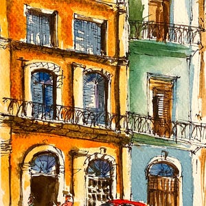 Dipinto ad acquerello originale dell'Avana, schizzo architettonico di Cuba, arte murale cubana, autentica decorazione artistica, regalo 6"x8"