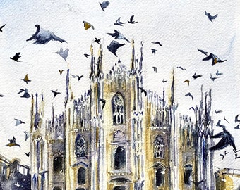 額入りミラノ大聖堂油絵：イタリア旅行アート（4 x 4インチ） - Etsy 日本