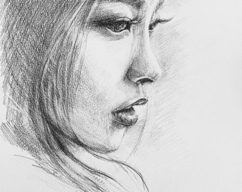 Retrato de mujer asiática, arte mural original hecho a mano, dibujo a lápiz en blanco y negro.