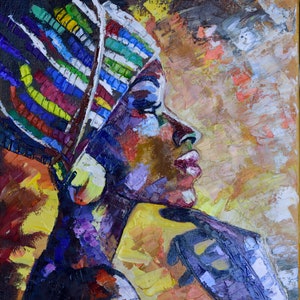 African Beauty Original Oil Painting Woman with Colorful Turban Portrait on Stretched Canvas 20&#39;&#39;/16&#39;&#39;