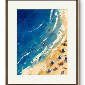 Peut inclure: Une peinture repr&eacute;sentant une sc&egrave;ne de plage avec de l'eau bleue, des vagues blanches et du sable jaune. Il y a des parasols color&eacute;s sur la plage.