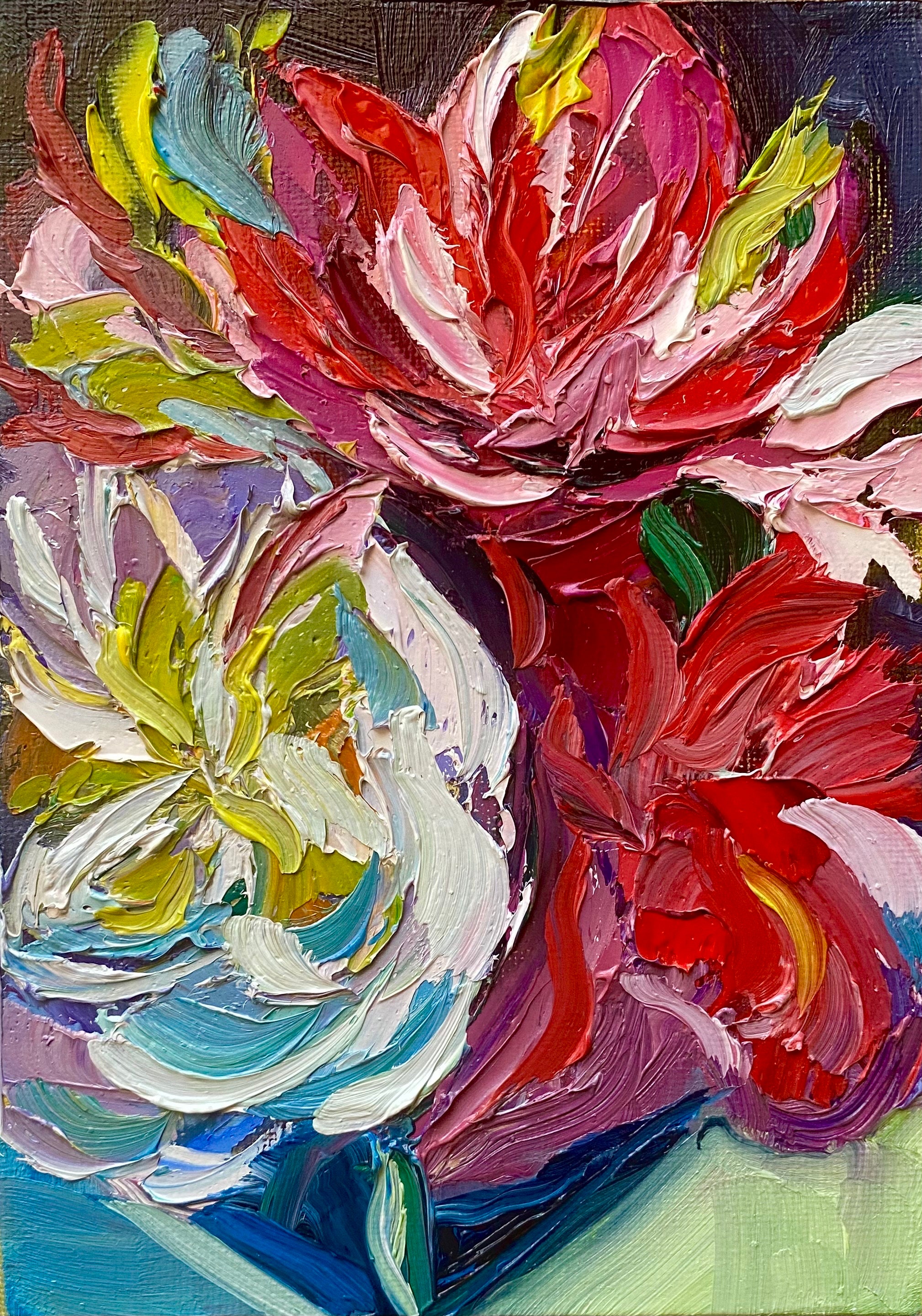 牡丹の油絵：厚塗りの花のアート作品、小さなキャンバスアート - Etsy 日本