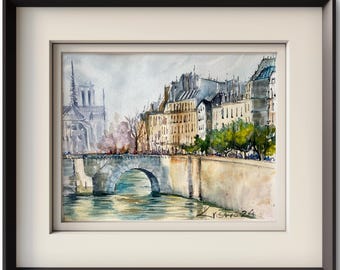 パリの水彩画：セーヌ川ノートルダムのオリジナルアート - Etsy 日本