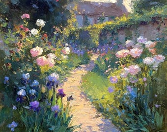 Art original de peinture à l'huile de jardin français ensoleillé, paysage floral impressionniste, art de mur de jardin de cottage, décoration française romantique de campagne