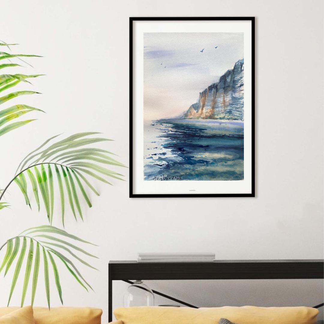 ノルマンディーの落石 手作り水彩画 – オリジナル海景アート | 海岸の