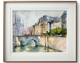 パリの水彩画：セーヌ川ノートルダムのオリジナルアート - Etsy 日本