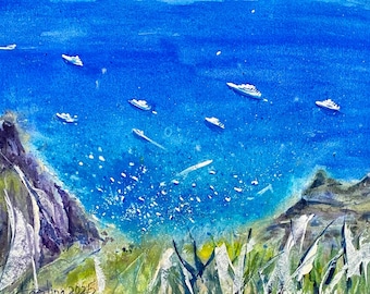 Capri Island Italy Watercolor Painting: Original Mediterranean Seascape Art
