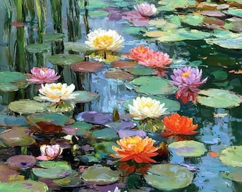 Peinture à l'huile originale de nénuphar | Art impressionniste pour bassin | Paysage floral inspiré de Monet | Décoration murale en toile texturée avec couteau à palette