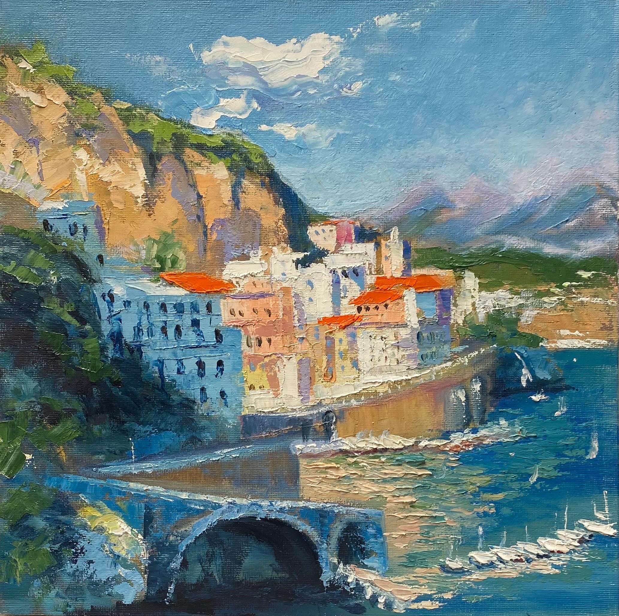 油絵イタリア、オルシーニ宮 Italy Amalfi Coast Original Oil Painting Positano View Italian