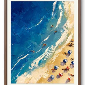 Peut inclure: Une peinture abstraite repr&eacute;sentant une sc&egrave;ne de plage avec de l'eau bleue, des vagues blanches et du sable jaune. Il y a de petites figures dans l'eau et des parasols color&eacute;s sur le sable.