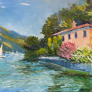 Italy Original Oil Painting Como Lake Artwork on Stretched Canvas