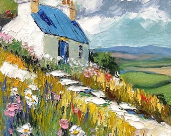 Irish Landscape Oil Painting Original : White Cottage Impressionist Art 8x8