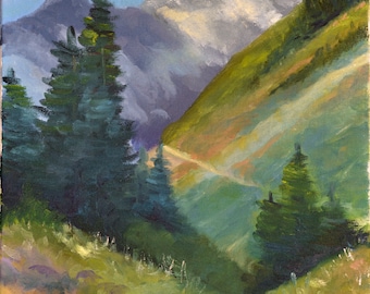 May include: A painting of a mountain landscape with a winding dirt road leading up to a snow-capped peak. The road is lined with green trees and bushes. The sky is a light blue with some clouds.