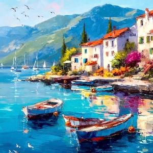 May include: An impressionistic painting of a coastal village with white buildings, red tile roofs, and boats in the turquoise water. Sailboats dot the horizon, and birds fly in the sky. The scene is set against a backdrop of blue mountains.