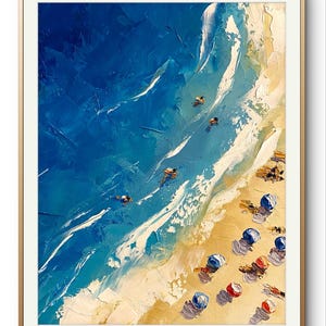 Peut inclure: Une peinture repr&eacute;sentant une sc&egrave;ne de plage avec de l'eau bleue, des vagues blanches et du sable jaune. On y voit de petites figures de personnes nageant dans l'eau et des parasols color&eacute;s sur la plage.