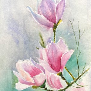 Magnolia Flower Original Watercolor Painting Delicate Colors Floral Artwork Botanical Art Lovers Hand Painted Gift