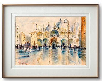 ヴェネツィアのオリジナル水彩画 サンマルコ広場のアートワーク 旅行用