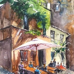 Pintura de acuarela original de Roma, Italia, pequeña obra de arte de viaje, arte mural de cafetería al aire libre italiana, boceto arquitectónico
