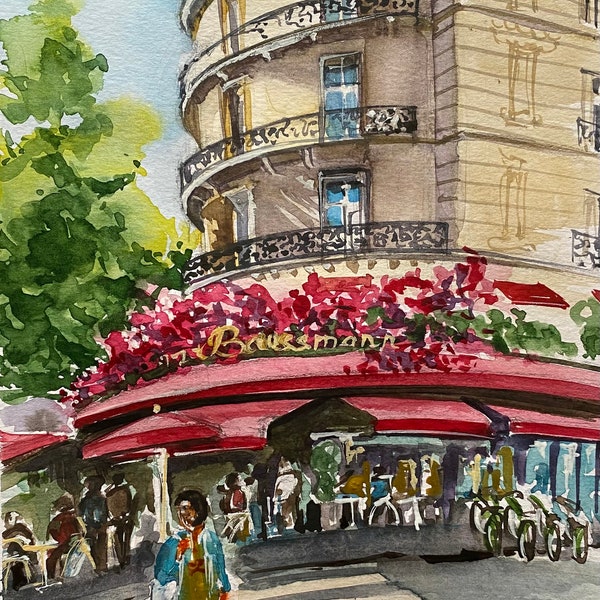 Paris Cafe Red Umbrella Original Watercolor Painting France Travel Artwork Gift