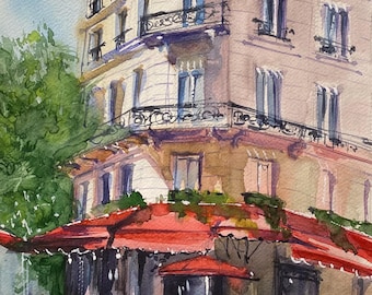 パリのオリジナル水彩画 パリのカフェアートワーク フランス旅行