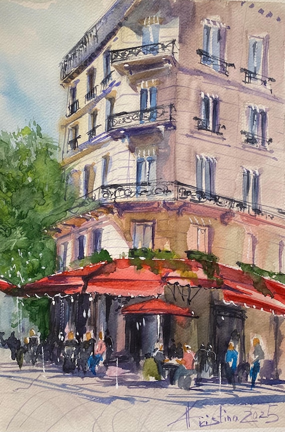 パリのオリジナル水彩画 パリのカフェアートワーク フランス旅行