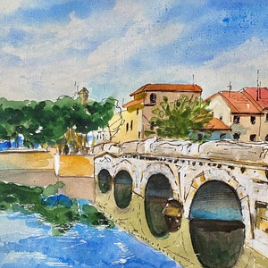 Italy Travel Original Watercolor Painting Rimini Tiberius Bridge