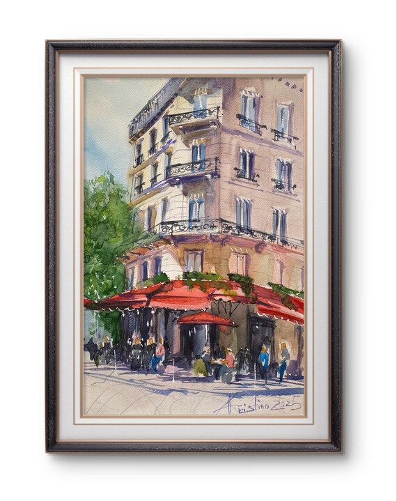 パリのオリジナル水彩画 パリのカフェアートワーク フランス旅行