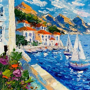 Mediterranean 3D Textured Wall Art Amafi Coast Original Oil Painting on Canvas Coastal Landscape Artwork Seascape Wall Decor Gift