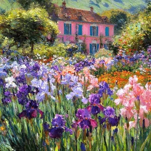 Monet Style Impressionist Garden Oil Painting, Original Fine Art, Romantic Floral Landscape, Cottagecore Wall Decor