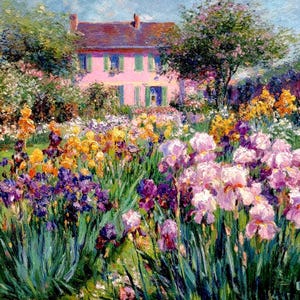 Impressionistische tuinschildering in Monet-stijl, originele olieverfkunst, romantisch bloemenlandschap, Cottagecore-muurdecoratie