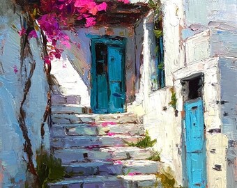 Paisaje urbano mediterráneo. Pintura al óleo original de un callejón soleado con buganvillas.