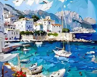 Mediterranean Seascape Oil Painting: Mallorca Coastal City Art