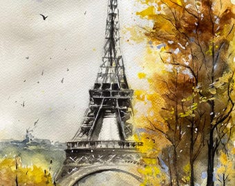 Eiffel Tower Watercolor Painting – Original Paris Art | Autumn Cityscape Wall Art | French Architecture Painting | Travel Gift