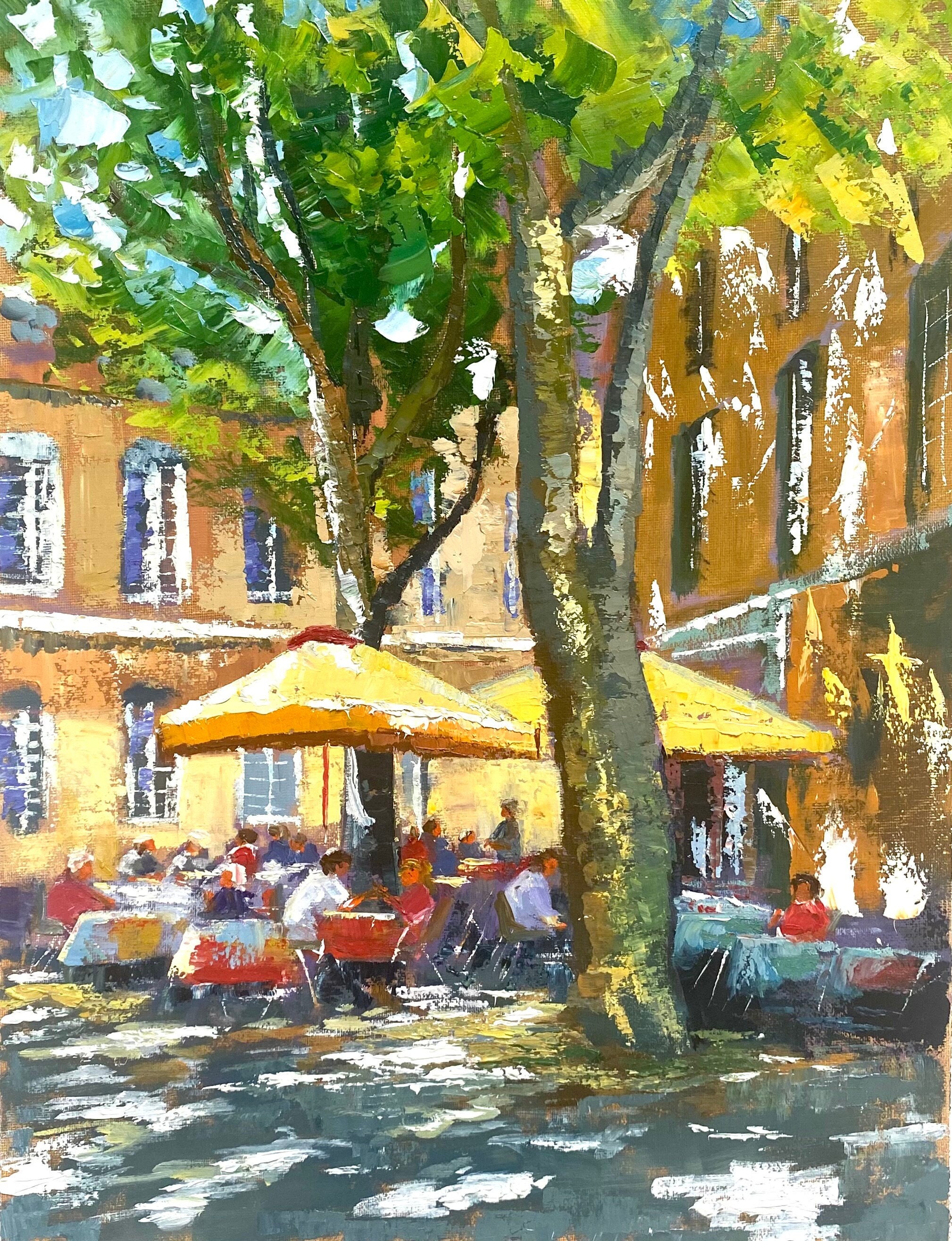 Provence Cafe Oil Painting Original : Sunny French City Street Art