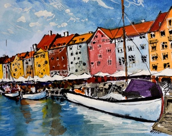 Copenhagen Harbor Boats Original Watercolor Painting