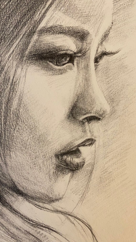 Asian Women Portrait Black and White Sketch Drawing - Etsy
