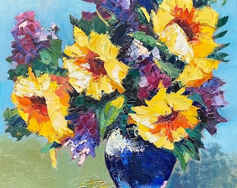 ひまわりの花束 - クロード・モネの手描き油絵の複製、6 つの花の静物