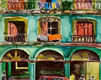 Original Watercolor Painting Havana City Scene Classic Retro Car Wall Art