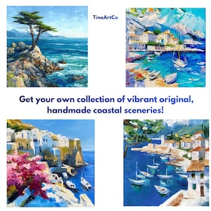 May include: A collection of four original, handmade coastal scenery paintings. The paintings depict vibrant seascapes with boats, white buildings, and lush greenery. The text "TinaArtCo" is in the top right corner. The text "Get your own collection of vibrant original, handmade coastal sceneries!" is at the bottom.