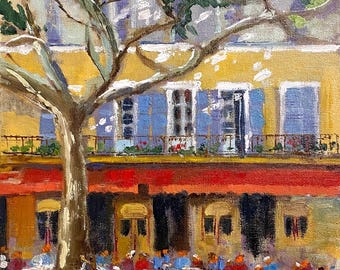 Provence Cafe Painting: Original Oil on Canvas, French Street Scene