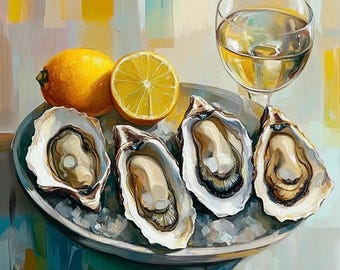 Oysters and Lemons Oil Painting: Impasto Seafood Kitchen Wall Art