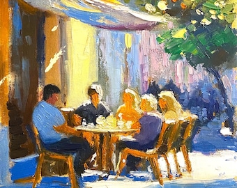Cafe Street Original Oil Painting Outdoor Sunny Terrace Artwork Romantic People Wall Decor Gift