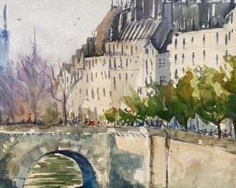 水彩画原画　パリのホテル「ノートルダム」 絵画 フランス 風景画(街並み) 冬 雪が降る パリのノートルダム大聖堂
