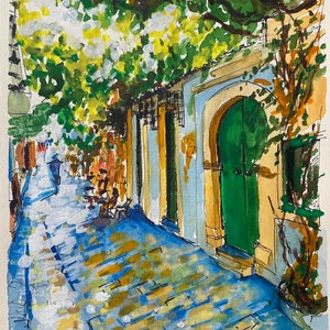 Greece Summer Street Original Watercolor Painting 8&quot;x12&quot;