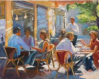 Paris Cafe Original Oil Painting Sunny Day Artwork People Scene on stretched canvas