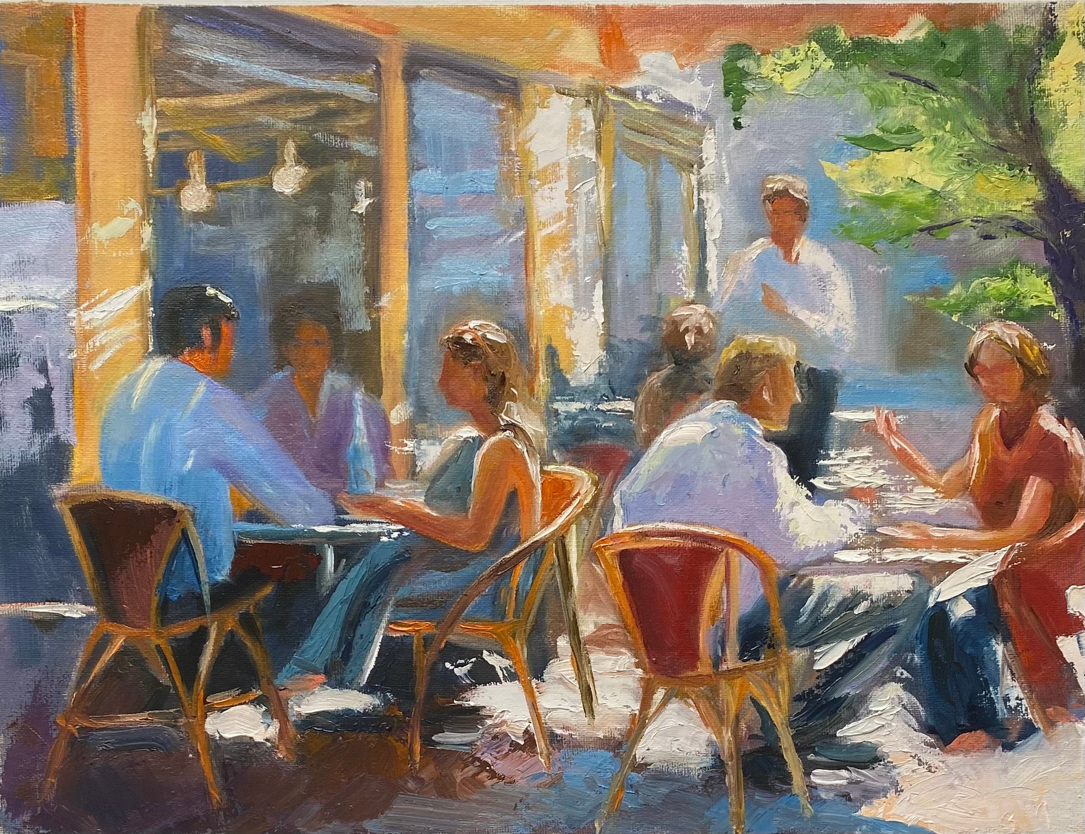 Paris Cafe Original Oil Painting Sunny Day Artwork People Scene on