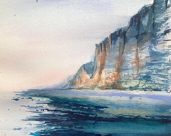 ノルマンディーの落石 手作り水彩画 – オリジナル海景アート | 海岸の