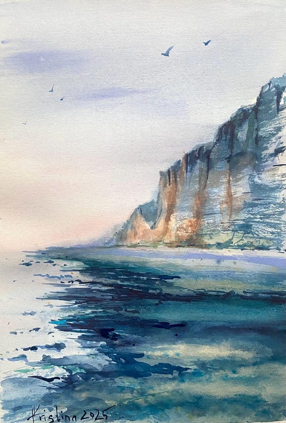 ノルマンディーの落石 手作り水彩画 – オリジナル海景アート | 海岸の