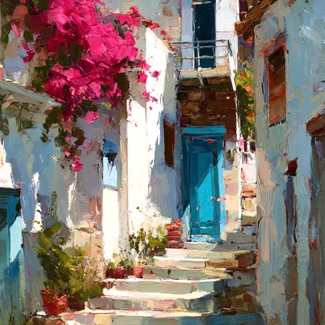 Mediterranean Landscape Original Oil Painting of Sunlit Alleyway